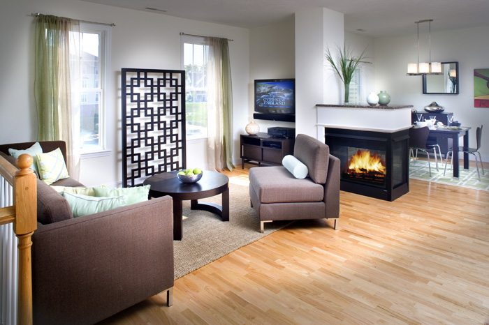  Modern touches like this open fireplace bring elements of delight in these single level condominiums. 
